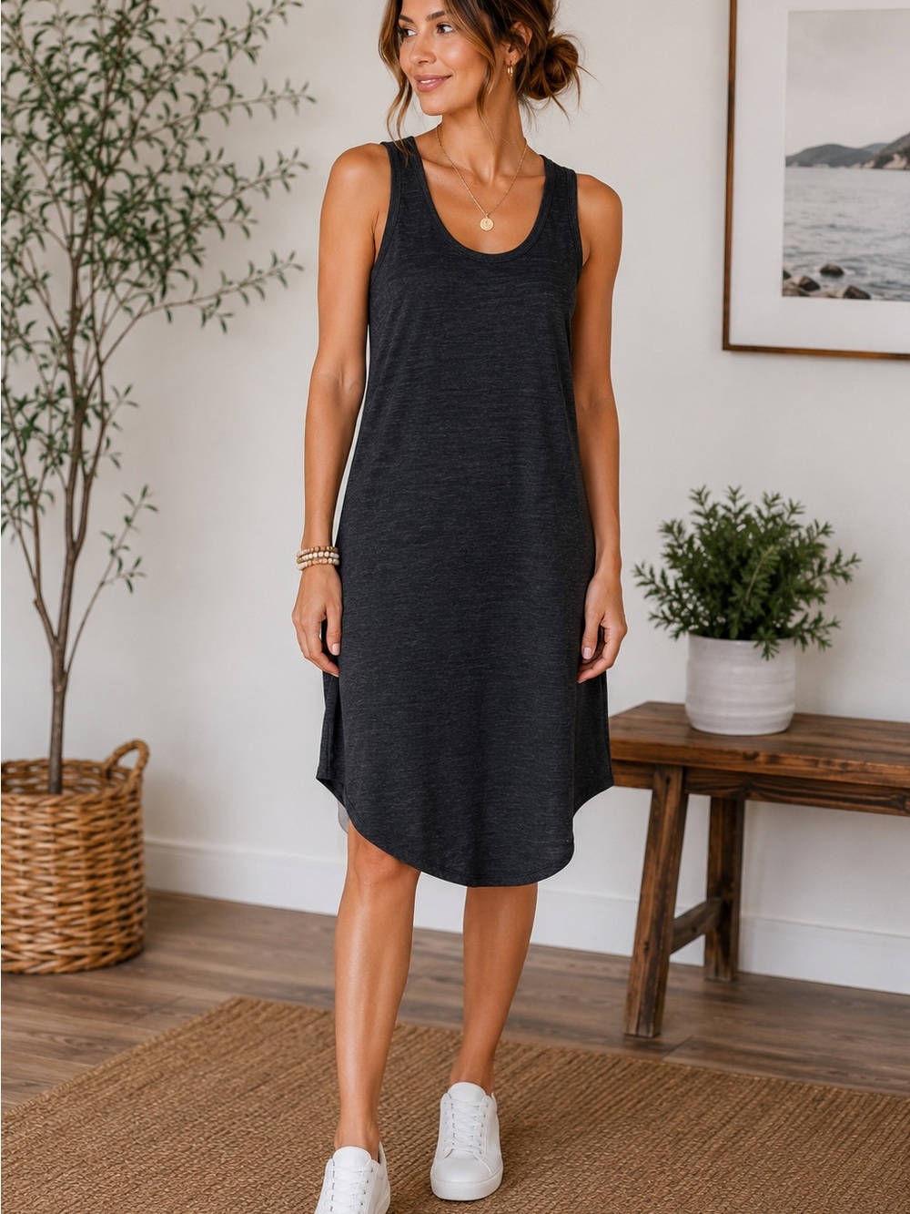 Leith Black Sleeveless Midi Dress Medium Soft Stretch Knit Curved Hem Casual